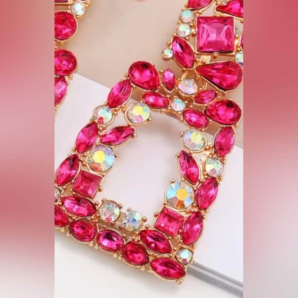 Large Pink Crystal Goldtone Earrings.